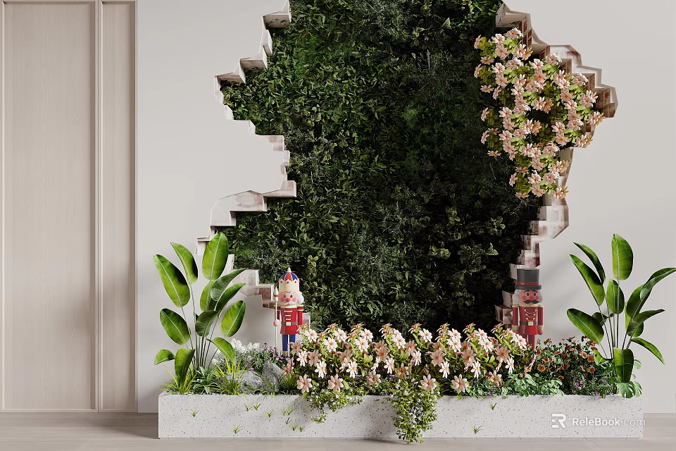 Decorative Green Plant Wall with Step Shaped Structure Pink Flowers and Nutcracker Decorations 3d model 