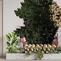 Decorative Green Plant Wall with Step Shaped Structure Pink Flowers and Nutcracker Decorations