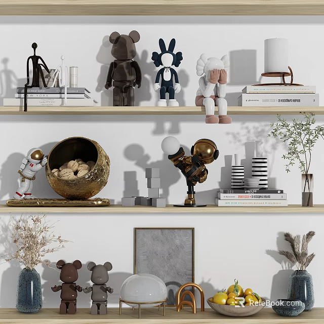 Decorative Ornament Set With Astronaut Golden Sphere Cartoon Dolls Books Plants Photo Frame And Vases 3d model 