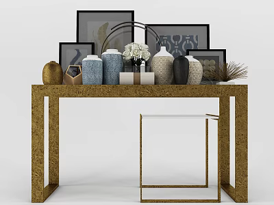 Elegant Gold Entryway Console Table With Glass Side Cabinet And Decorative Vases Frames 3d model