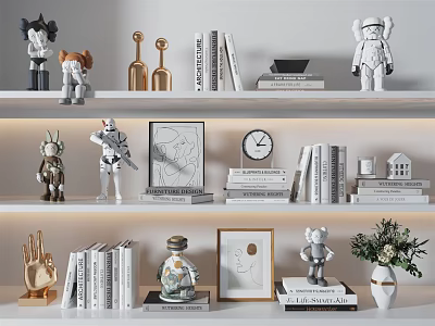 Decorative Ornament Set With Shelves Astronaut Robot Figurines Books Picture Frame Clock And Vase Plant 3d model