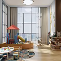 Colorful Kids Playroom Interior With Green Tree Wall Bookshelves Stuffed Toys Ball Pit And Slide