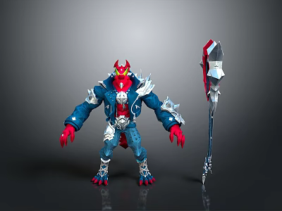 Mythical Warrior Creature With Red Head Blue Jacket Silver Decorations Red Hands Holding Battle Axe 3d model