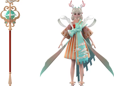 Ethereal Game Movie Character With Deer Antlers Traditional Outfit Flowing Ribbons And Green Gem Staff 3d model