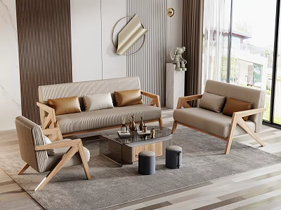 Modern Sofa Coffee Table Set With Wooden Frame Side Chairs Fabric Upholstery And Pillows 3d model