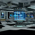 Cartoon Futuristic Spaceship Cockpit Scene With Multiple Screens Control Panels And Yellow Warning Signs