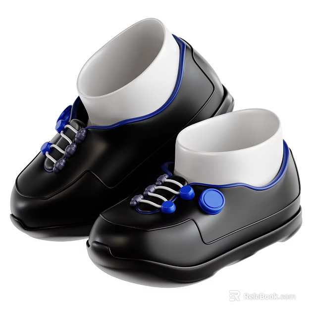 Stylish Black Shoes With White Collar Blue Laces And Blue Buttons 3d model 