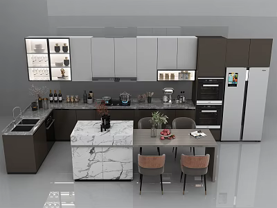 Modern Kitchen Interior With Marble Island Dining Table Appliances And Cabinetry 3d model