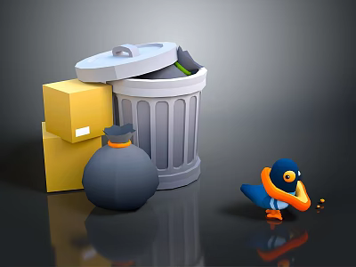Cartoon Crow Near Trash Can With Yellow Cardboard Boxes And Black Garbage Bag 3d model