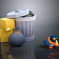Cartoon Crow Near Trash Can With Yellow Cardboard Boxes And Black Garbage Bag