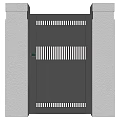 Modern Black Metal Entrance Gate With Vertical Slats And White Pillars