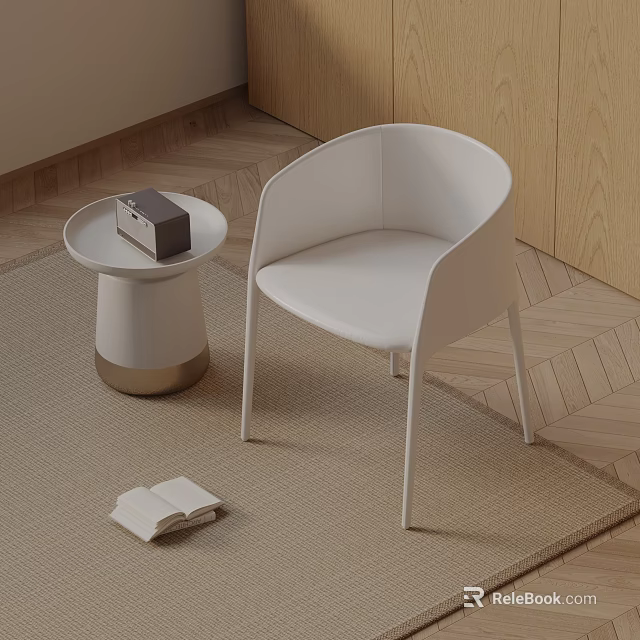 White Sleek Dining Chair in Minimal Interior With Small Round Table Open Book Wooden Floor 3d model 