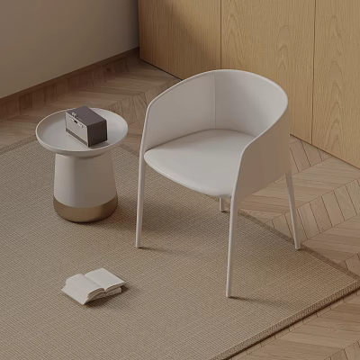White Sleek Dining Chair in Minimal Interior With Small Round Table Open Book Wooden Floor 3d model