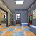 Modern Retail Store Interior With Shelves Products Blue Walls And Tile Floor