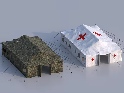 Camouflage Military And White Medical Tents With Red Cross Symbols Outdoor Field Setup 3d model
