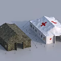 Camouflage Military And White Medical Tents With Red Cross Symbols Outdoor Field Setup