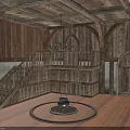 Medieval Wooden Building Interior With Arched Doors Staircase Chandelier And Cauldron Stand