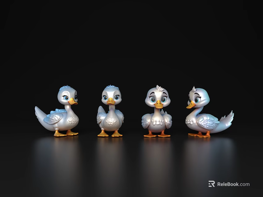 Four Little Ducks With Blue Feathers Orange Webbed Feet And Different Expressions On Black Background 3d model 