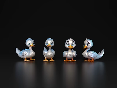 Four Little Ducks With Blue Feathers Orange Webbed Feet And Different Expressions On Black Background 3d model