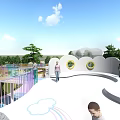 Colorful Circular Children's Play Area With Trees Slide And Kids Playing On Lawn
