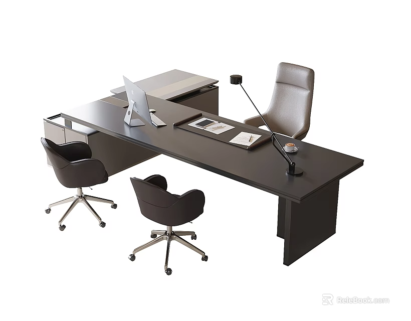 Modern Office Desk With Leather Executive Chair Two Black Office Chairs Laptop Papers Desk Lamp 3d model 