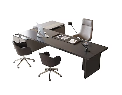 Modern Office Desk With Leather Executive Chair Two Black Office Chairs Laptop Papers Desk Lamp 3d model