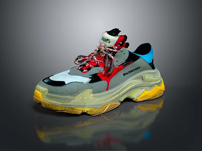 Stylish Chunky Sneakers With Gray Upper Red Laces Yellow Sole And Blue Accents 3d model