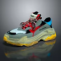 Stylish Chunky Sneakers With Gray Upper Red Laces Yellow Sole And Blue Accents