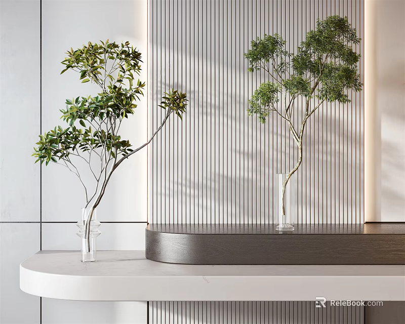 Modern Interior With Two Transparent Vases And Green Leafy Branches On White Countertop 3d model 