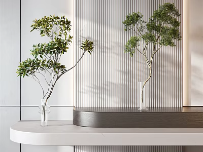 Modern Interior With Two Transparent Vases And Green Leafy Branches On White Countertop 3d model