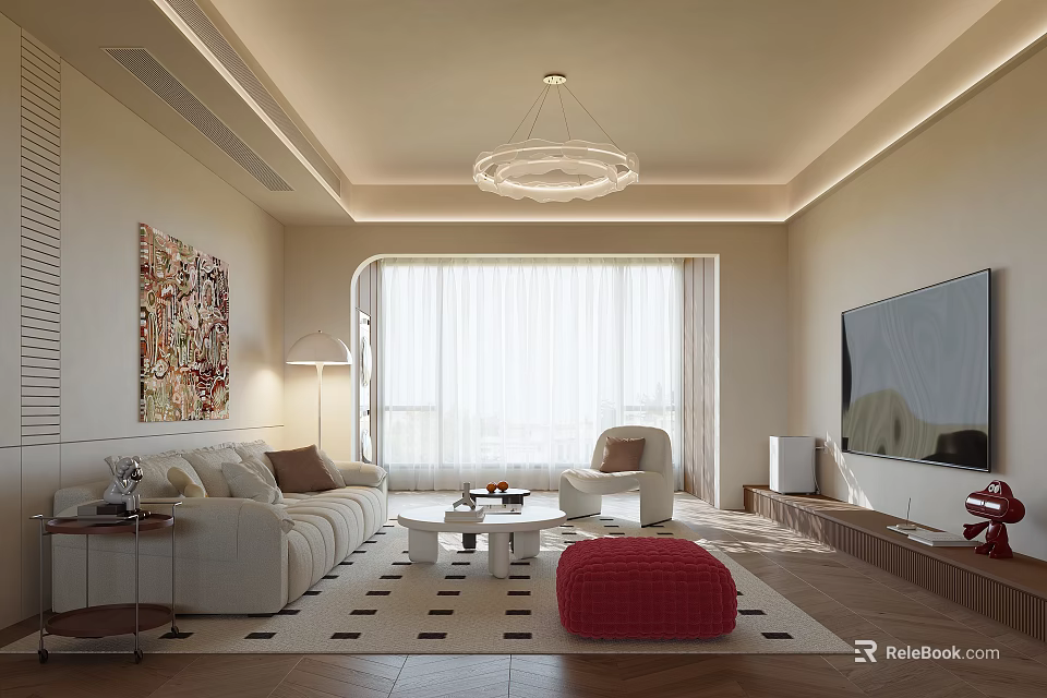 Modern Living Room Interior With Beige Sofa Red Ottoman Chandelier Decorative Painting And Large TV 3d model 