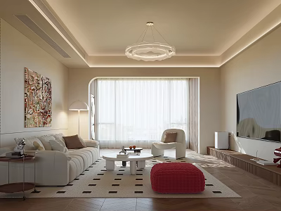 Modern Living Room Interior With Beige Sofa Red Ottoman Chandelier Decorative Painting And Large TV 3d model