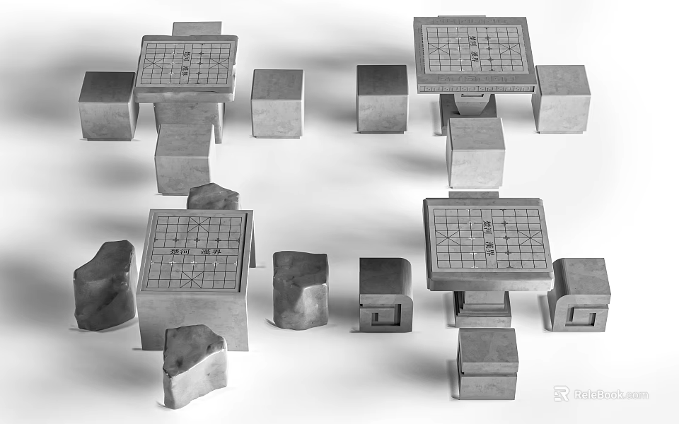 Public Facilities With Stone Square Platforms Cubes And Rest Seating Areas 3d model