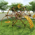 Outdoor Playground Equipment With Climbing Net Bee Decorations Yellow Slide Colorful Hearts Green Lawn