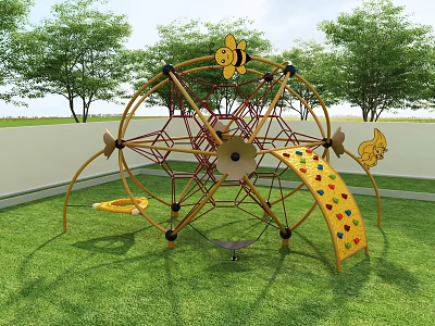 Outdoor Playground Equipment With Climbing Net Bee Decorations Yellow Slide Colorful Hearts Green Lawn 3d model