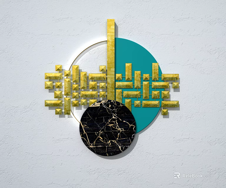 Modern Wall Decor With Golden Geometric Shapes Green Circle And Black Marble Design 3d model 