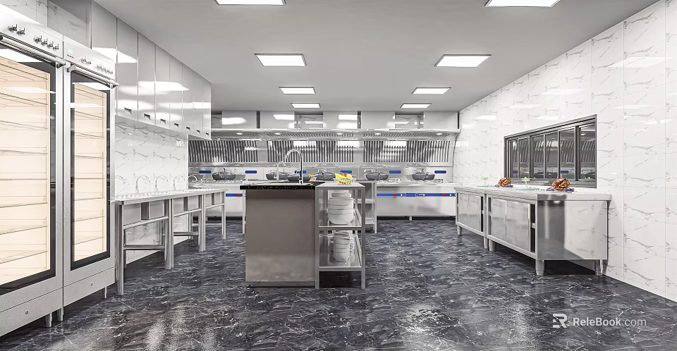 Spacious Commercial Kitchen Interior With Stainless Steel Workbenches Overhead Lights And Marble Flooring 3d model 