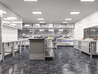 Spacious Commercial Kitchen Interior With Stainless Steel Workbenches Overhead Lights And Marble Flooring 3d model