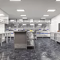 Spacious Commercial Kitchen Interior With Stainless Steel Workbenches Overhead Lights And Marble Flooring