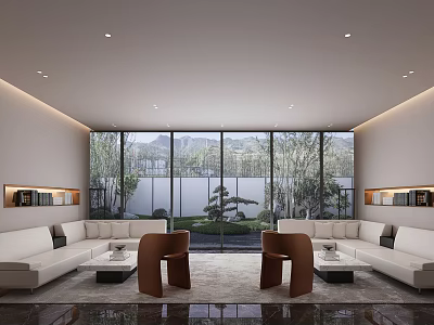 Modern Office Interior Design With Large Windows Sofas Coffee Tables Green Plants And Mountain View 3d model