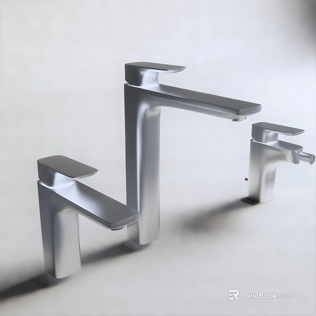 Three Stylish Silver Modern Faucets with Sleek Design on White Background 3d model 