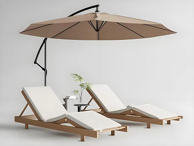 Wooden Outdoor Lounge Chairs With White Cushions And Brown Sunshade Umbrella 3d model