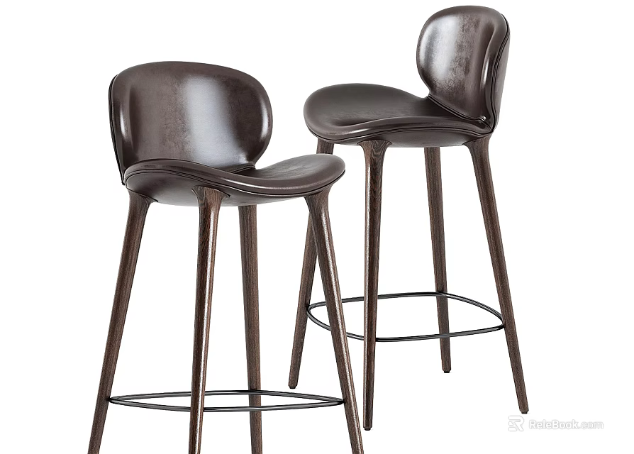 Modern Brown Leather Bar Stools With Curved Back And High Metal Base Design 3d model 