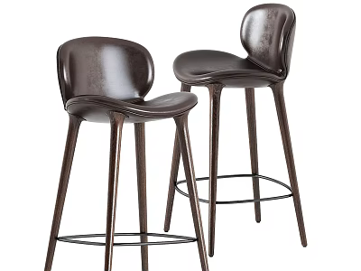 Modern Brown Leather Bar Stools With Curved Back And High Metal Base Design 3d model