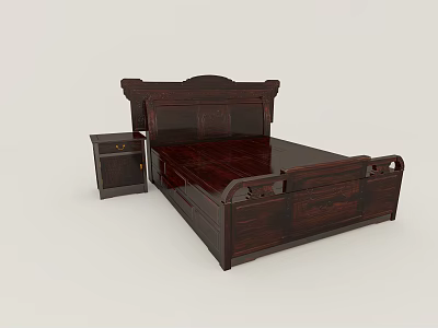 Chinese Double Bed Black Sour Branches Redwood Spring Garden Big Bed Bedside Cabinet 3d model