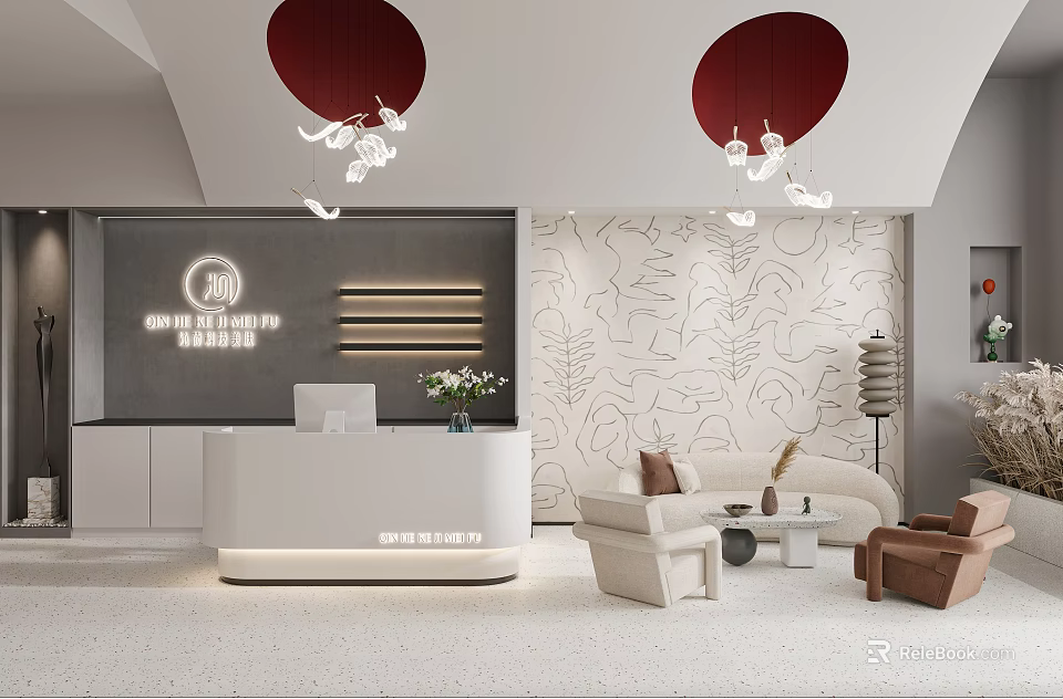 Beauty Hair Salon Modern Interior Design With Reception Desk Sofa Decorative Wall And Pendant Lights 3d model 