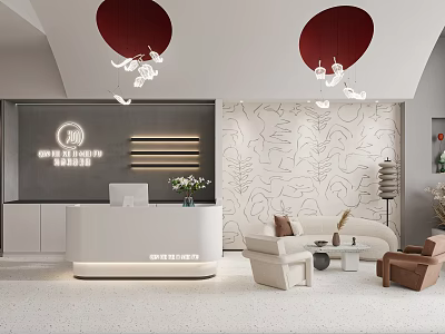 Beauty Hair Salon Modern Interior Design With Reception Desk Sofa Decorative Wall And Pendant Lights 3d model