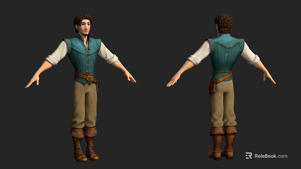 Game Movie Character With Blue Vest White Shirt Beige Pants Brown Boots And Belt Bag 3d model 