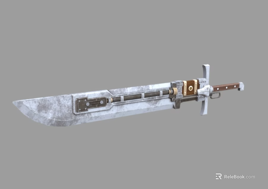 Large Mechanical Sword Weapon With Metal Blade Wear Marks Brown Handle And White Guard 3d model 