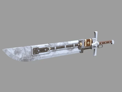Large Mechanical Sword Weapon With Metal Blade Wear Marks Brown Handle And White Guard 3d model